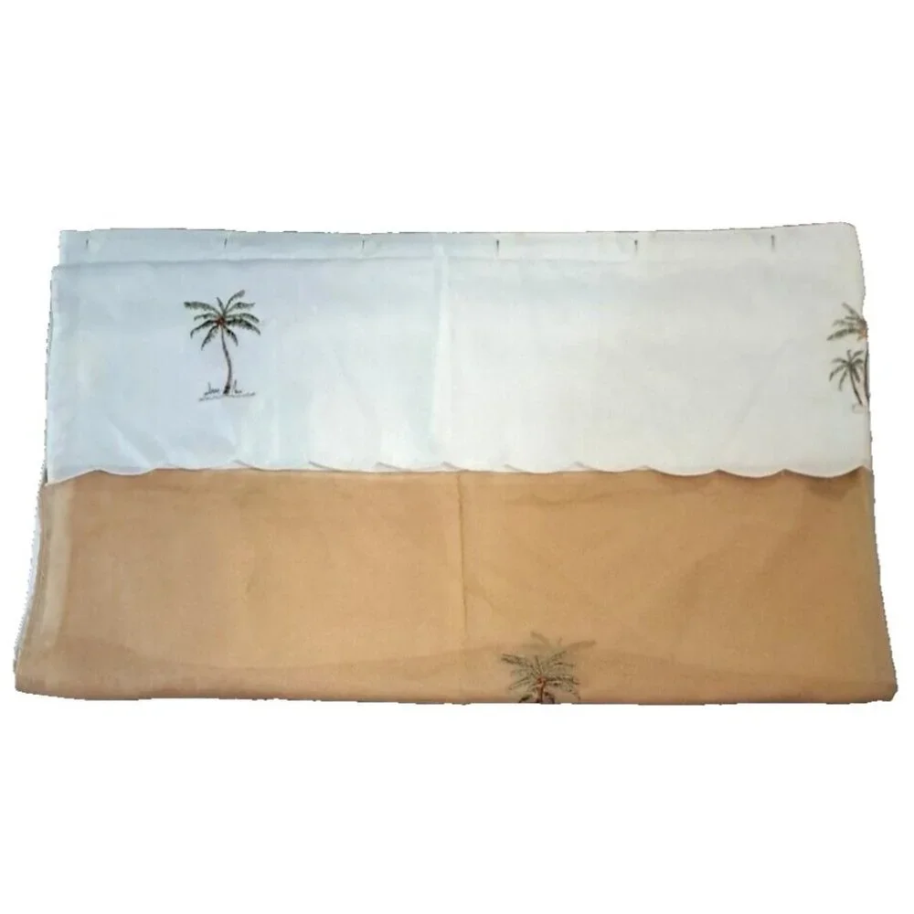 Palm Tree Fabric Shower Curtain White Tropical Embroidered Beaded Coconut Beach
